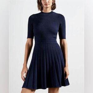 Ted Baker London Olivinn navy mix stitch knit pleated sweater skater dress sz 2